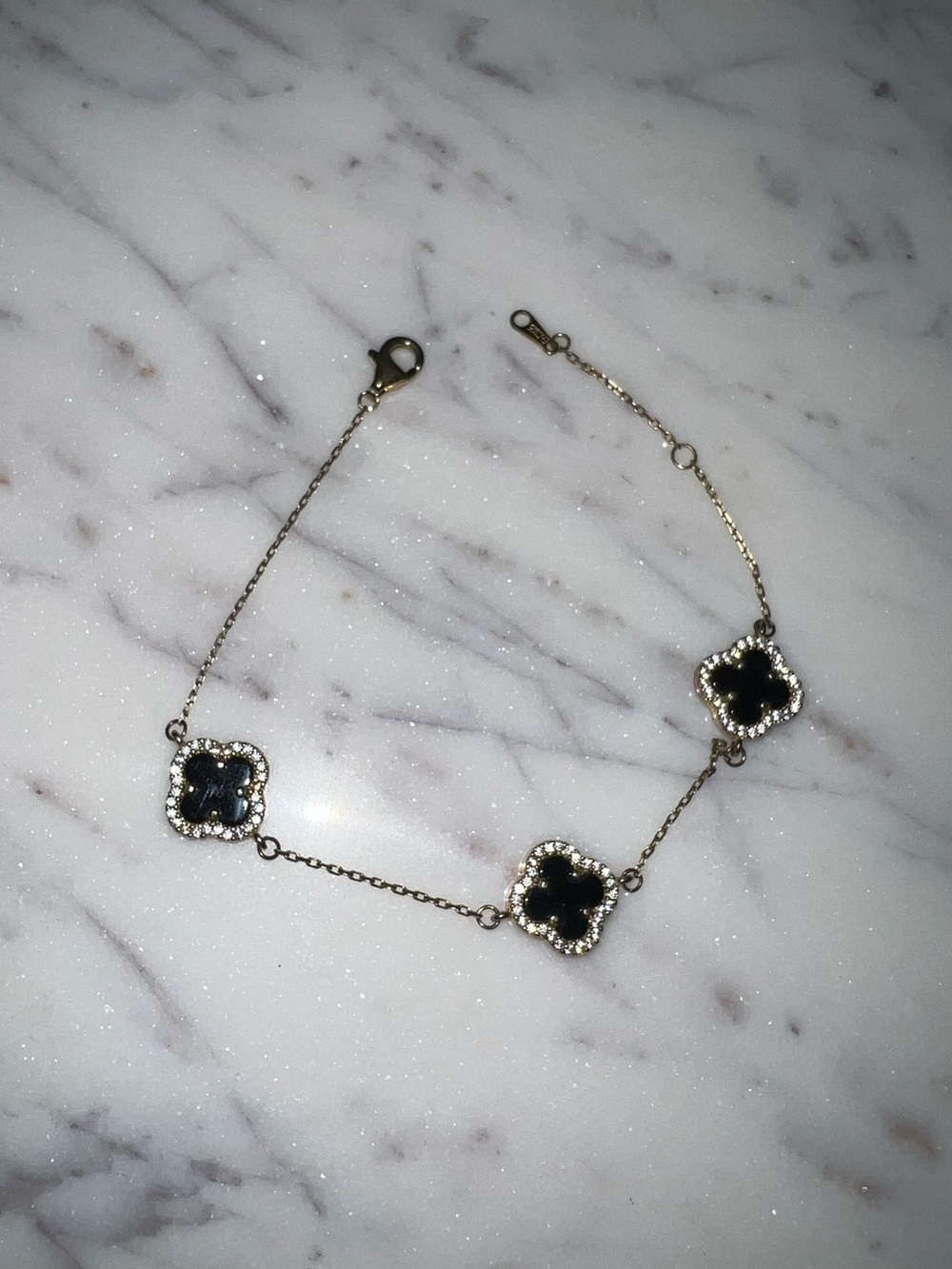 Delicate Black Clover Link Bracelet with Crystal Halo